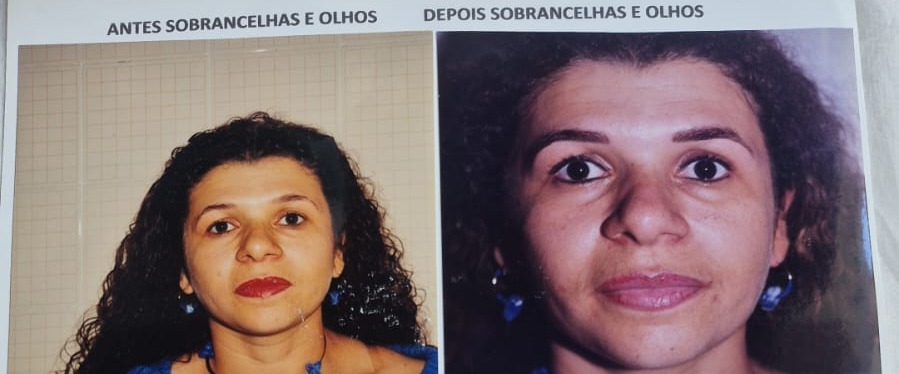 Recorte de jornal sobre maquiagem definitiva, antes e depois sobrancelhas e olhos