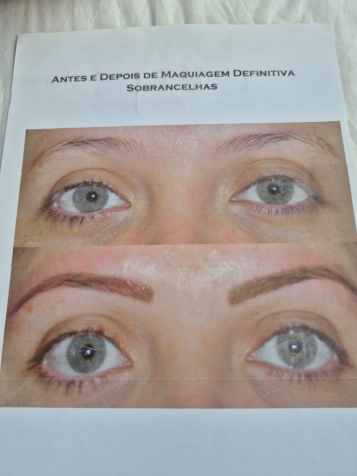 Folha impressa: antes e depois de sobrancelhas, com sobrancelha marcada